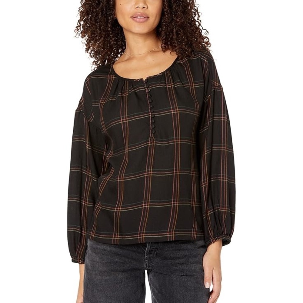 Madewell | Shirred Peasant Top in Windowpane plaid